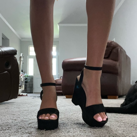 Black Suede Open Toe Wedges - Picture 2 of 7